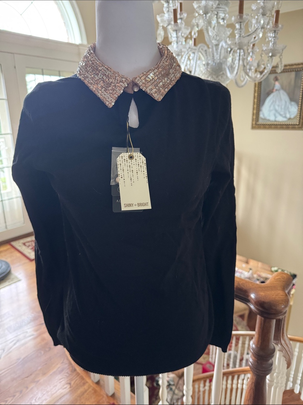 Adrianna Papell Black Sweater with Rose Gold Sequin Collar